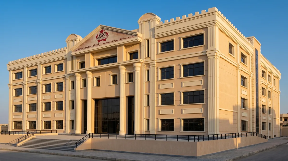 جامعة الأهرام الكندية — واجهة جامعية رسمية بمدخل متماثل.