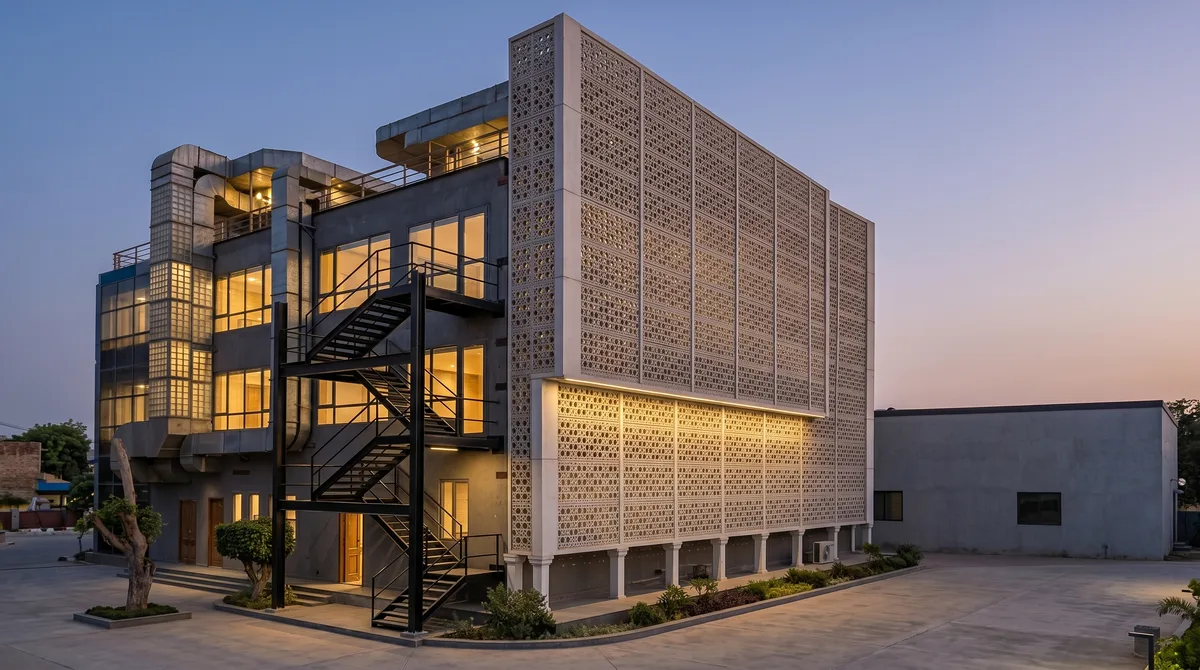 معهد هندسة وتكنولوجيا الطيران — واجهة ذات نقش متكرر أمام مبنى زجاجي معاصر.