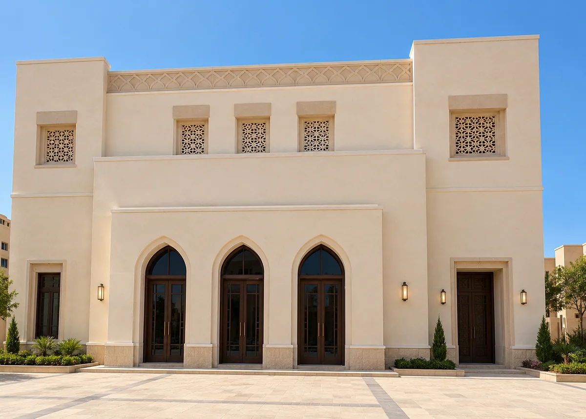 مسجد إعمار ميفيدا — أقواس مدببة عند المدخل وشاشات زخرفية ضمن واجهة مسجد فاتحة اللون.